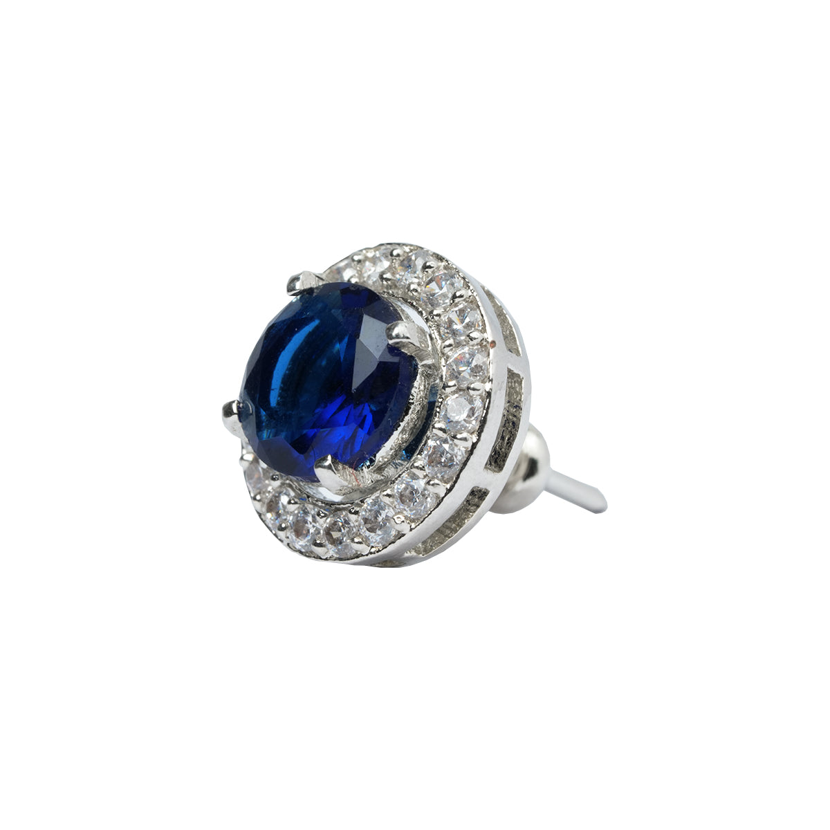 Angled top view of one blue CZ halo stud earring