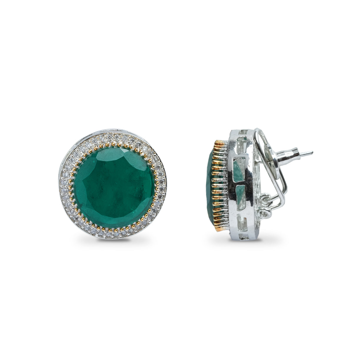 Angled view showing size and push-back post of green CZ round earrings