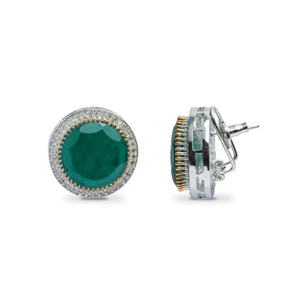 Angled view showing size and push-back post of green CZ round earrings