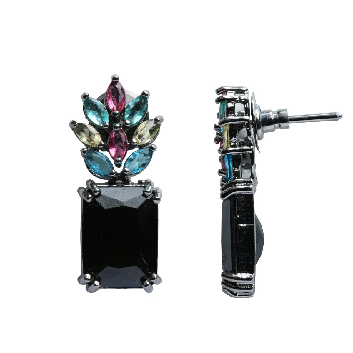Side view of earrings with post and multi-color stone detail