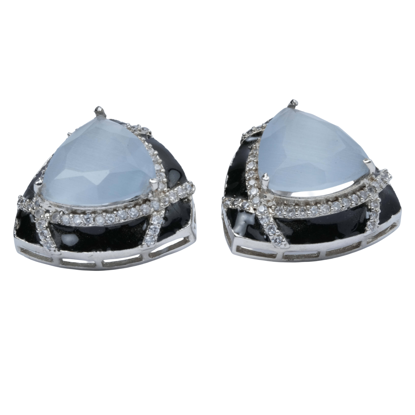 black frame grey stone stud earrings for women front view