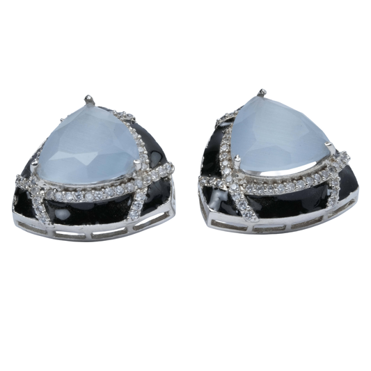 black frame grey stone stud earrings for women front view