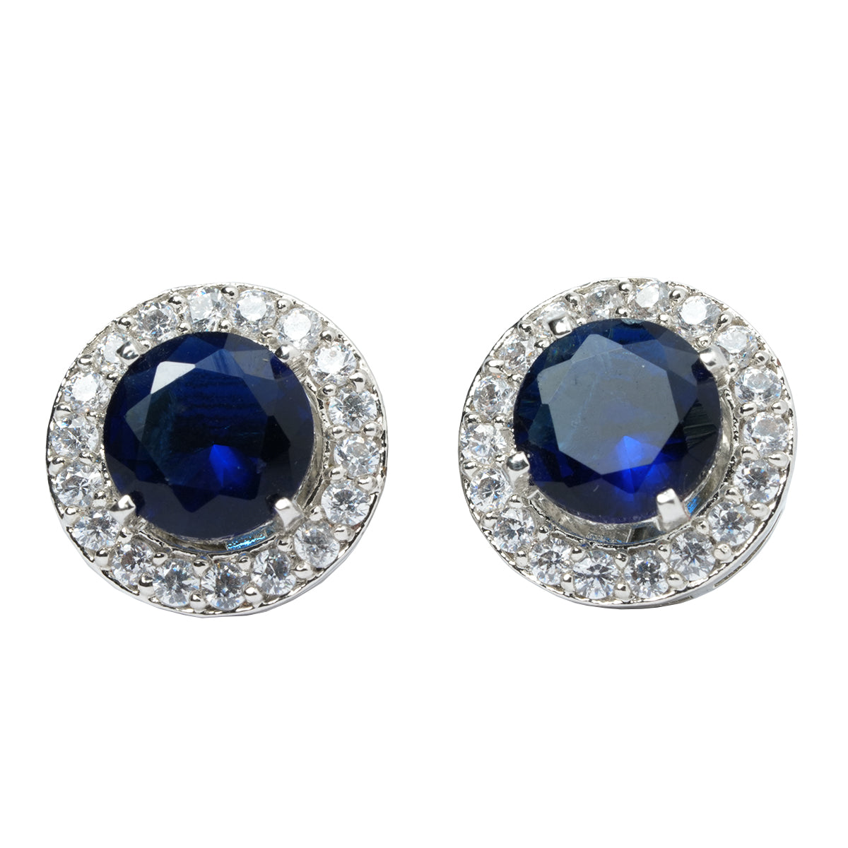 Front view of blue round stud earrings with white CZ halo
