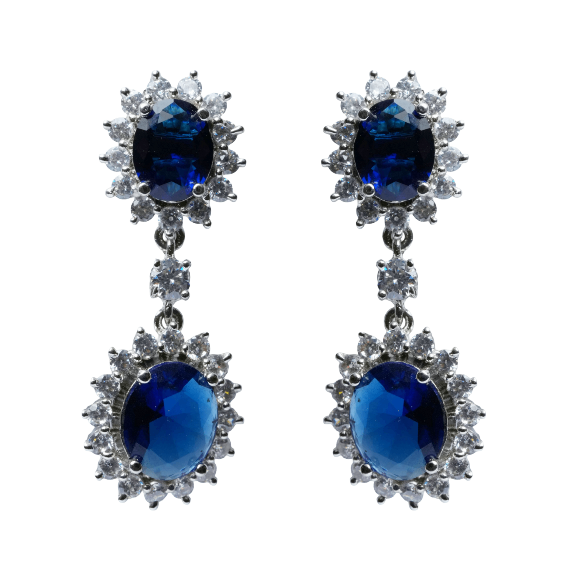 Front view of blue stone double drop earrings 