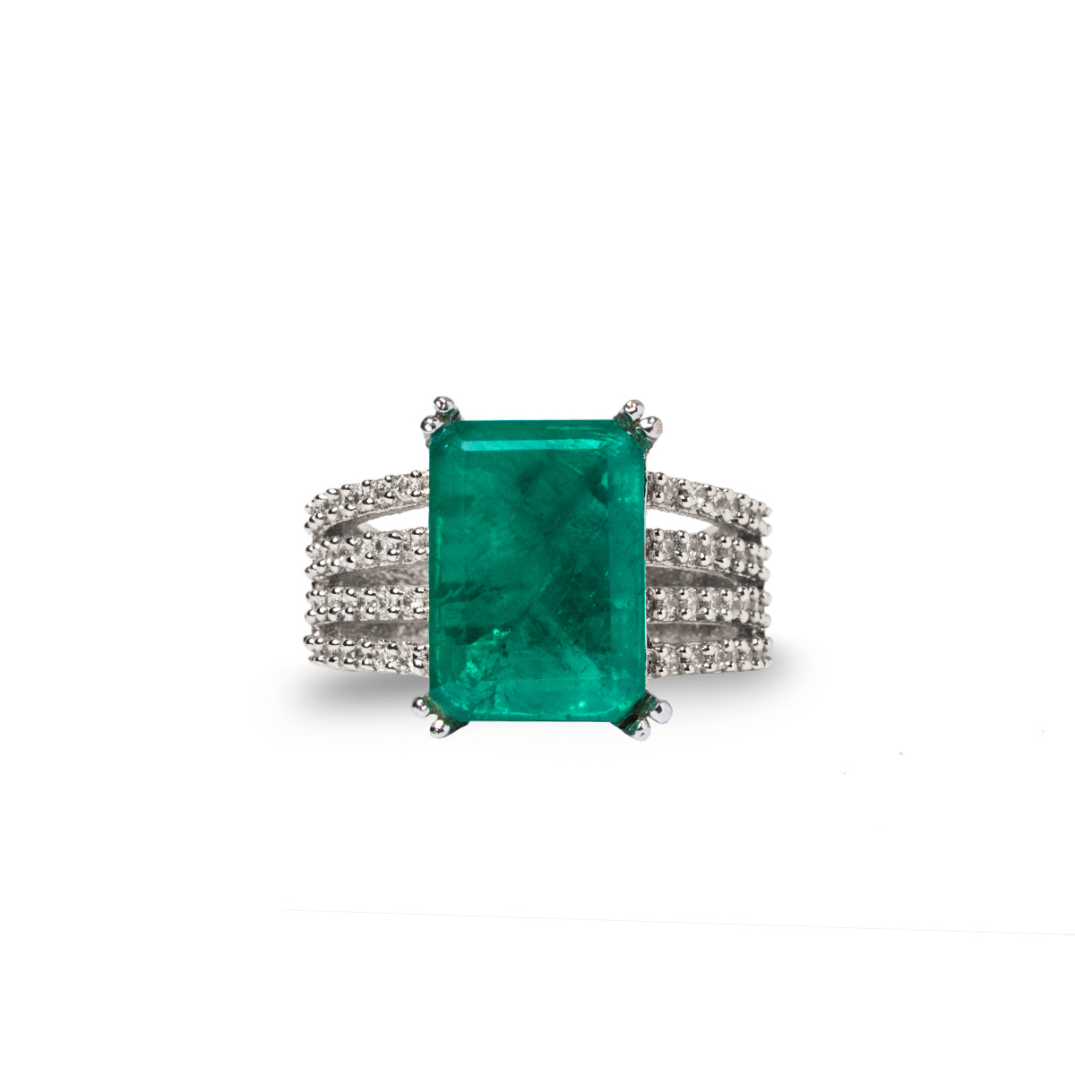 Front view of bold green rectangle ring with CZ sparkle on sides