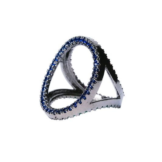 Triangle-shaped three-band ring with ruby, emerald and sapphire CZ stones