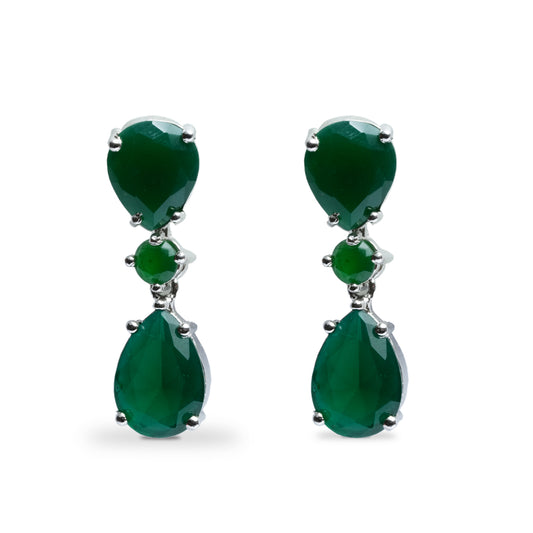 Front view of emerald green drop earrings with white CZ stones