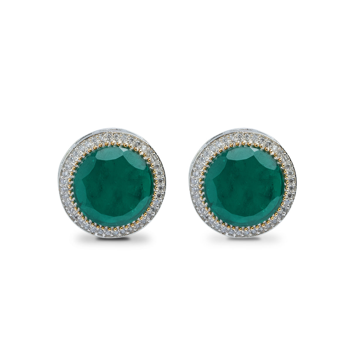 Front view of emerald green round stud earrings with CZ halo