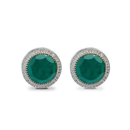 Front view of emerald green round stud earrings with CZ halo