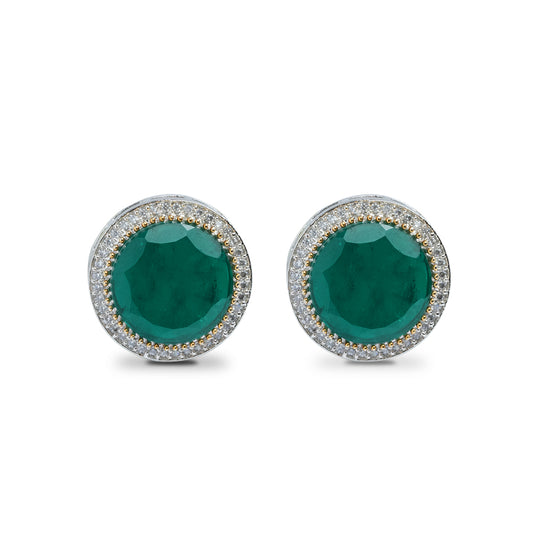Front view of emerald green round stud earrings with CZ halo
