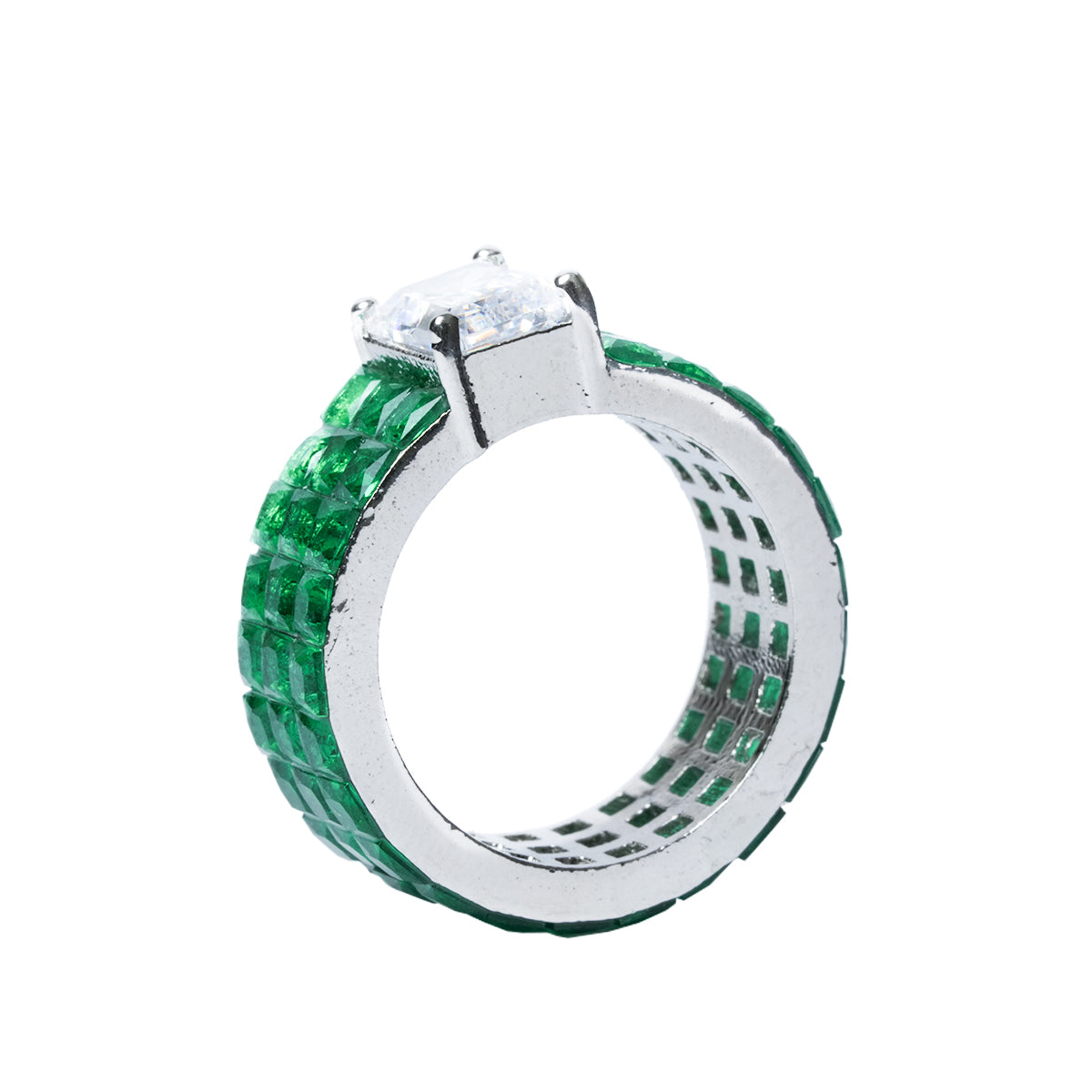 Angled view of green ring showing band curve and stones