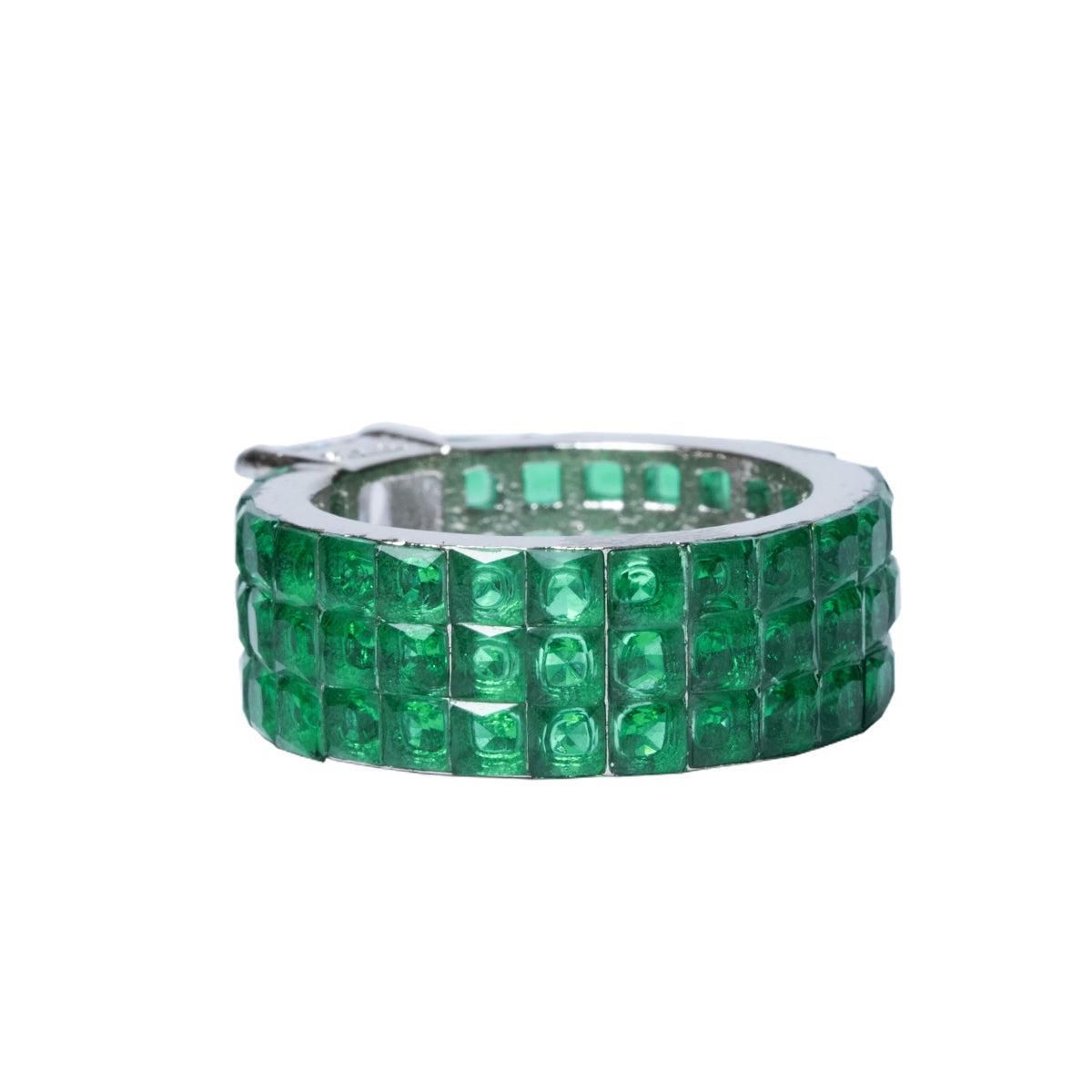 Back view of wide green CZ ring design