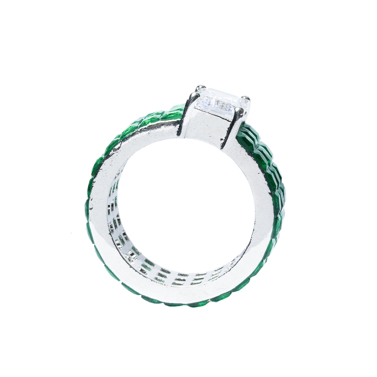 Top view showing circular design of green CZ ring