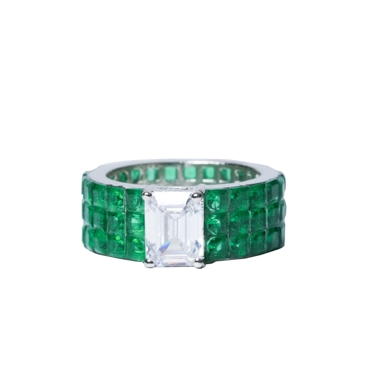 Emerald band ring with CZ center and invisible setting