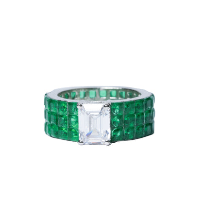 Emerald band ring with CZ center and invisible setting