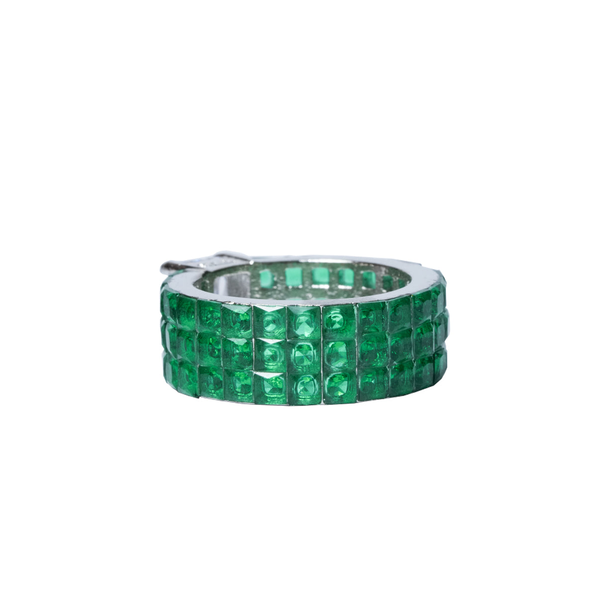 Front view of emerald green band ring with CZ