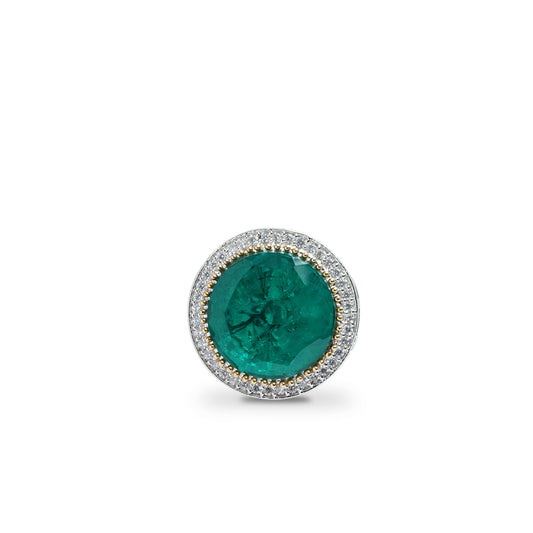 Front view of big green stone ring with white CZ sparkle border