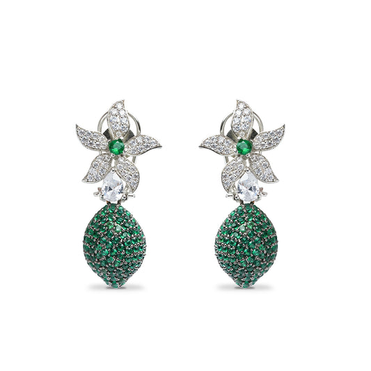 Front view of green flower earrings with CZ shine