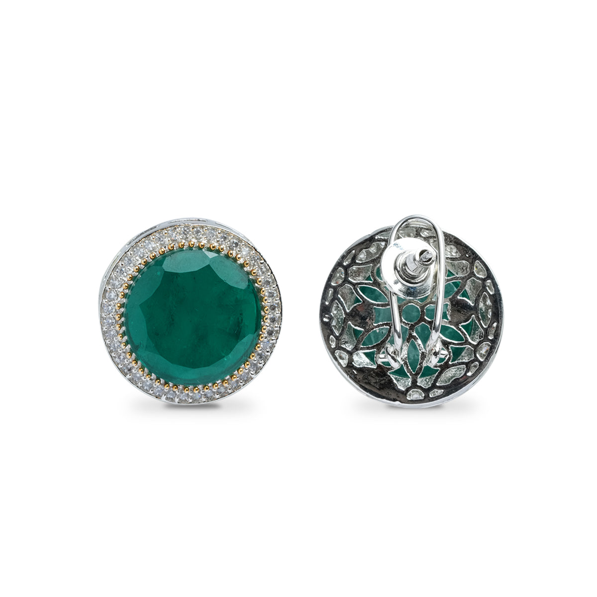 Front and back view of emerald green stud earrings with sparkle setting