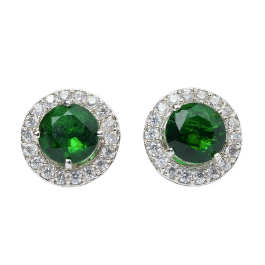 Front view of green CZ round stud earrings with halo border