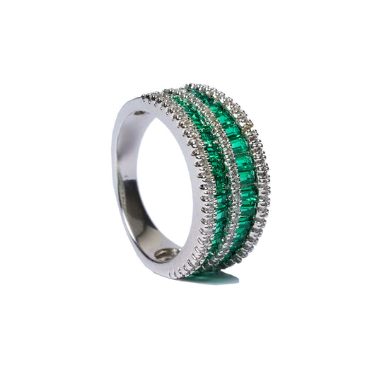 Front view of green baguette ring with white CZ triple row design