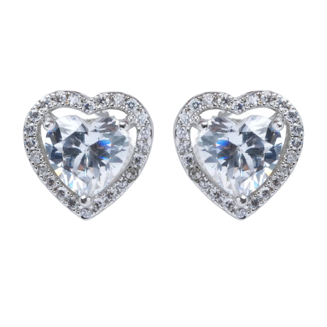 front view-Heart-shaped earrings with clear gemstones 