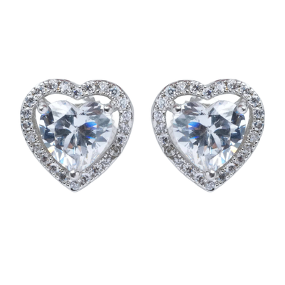 front view-Heart-shaped earrings with clear gemstones 
