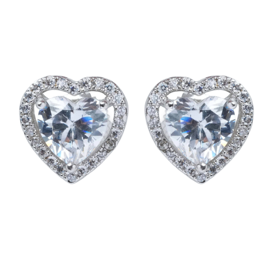 front view-Heart-shaped earrings with clear gemstones 