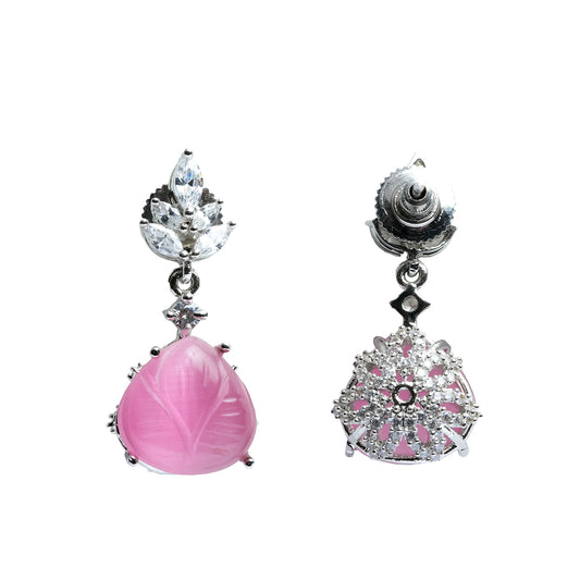 Front view of pink CZ earrings with carved stone dangle