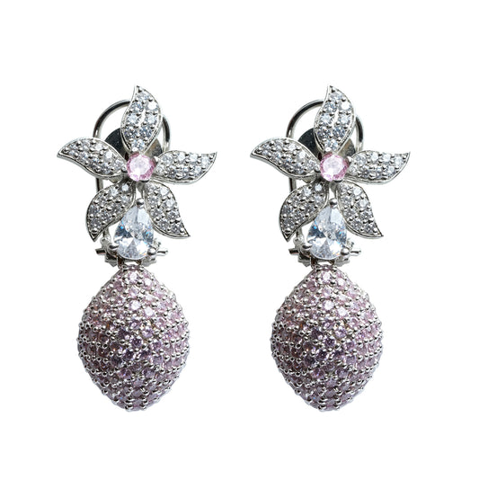 Front view of pink CZ flower earrings with sparkling drop design