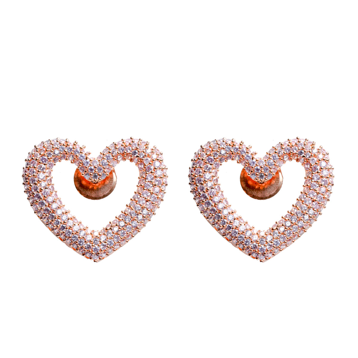 Front view of pink heart CZ earrings in rose-tone with sparkle setting