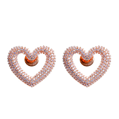 Front view of pink heart CZ earrings in rose-tone with sparkle setting