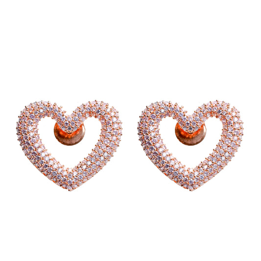 Front view of pink heart CZ earrings in rose-tone with sparkle setting