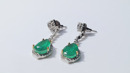 Emerald Doublet Earrings, Green Paraiba Tourmaline CZ Diamond Dangle Jewelry