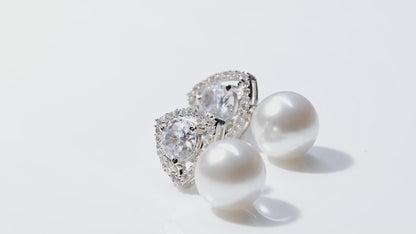 American Diamond and Pearl Earrings with Cubic Zirconia, Statement White Pearl Drop Earrings