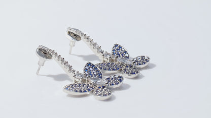 Sapphire Earrings, Hanging Butterfly in Blue Diamond Pave Setting Earrings