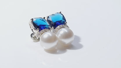 Sapphire Pearl Earrings with Blue CZ Jewelry, Sapphire American Diamond