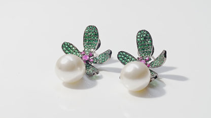 Emerald CZ Earrings | Green American Diamond Flower Statement Pearl Drop Earrings