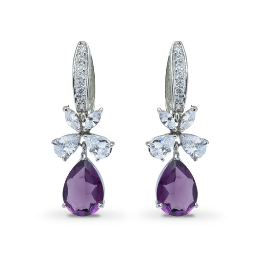 Purple CZ earrings with hoop drop on white background