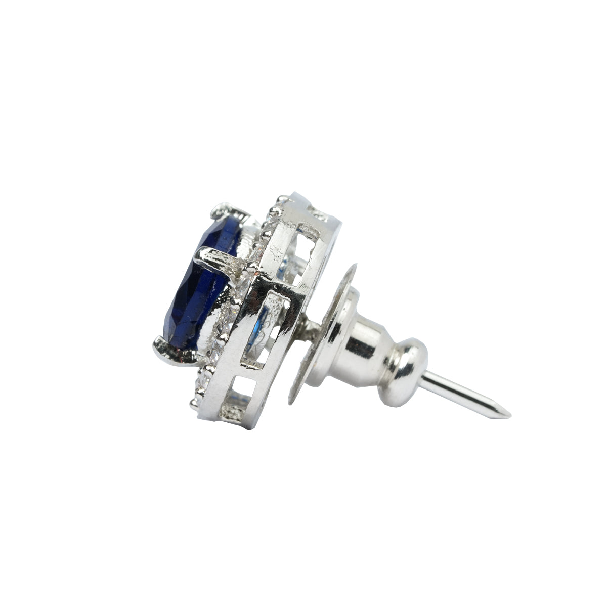 Angled side view of earrings showing raised blue stone and CZ border