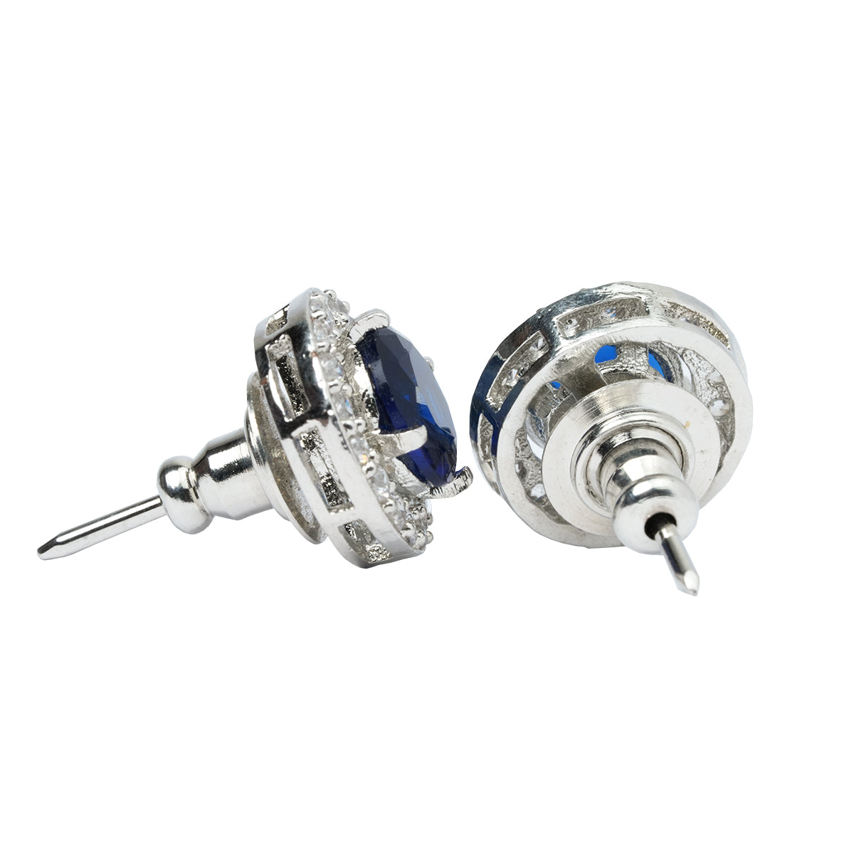 Side view of blue stud earrings with silver post and push back
