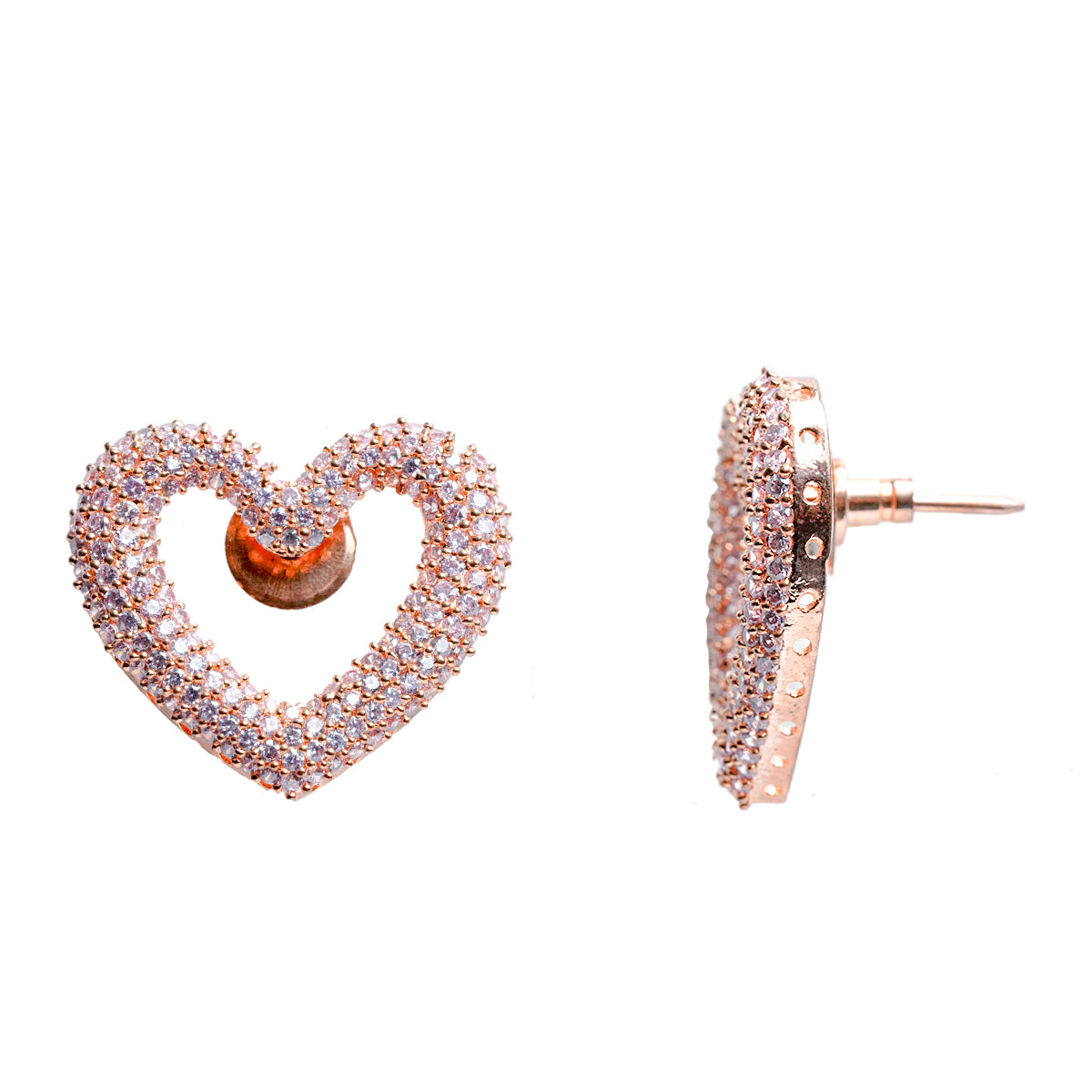 Side angle of pink heart earring with push-back closure and layered design