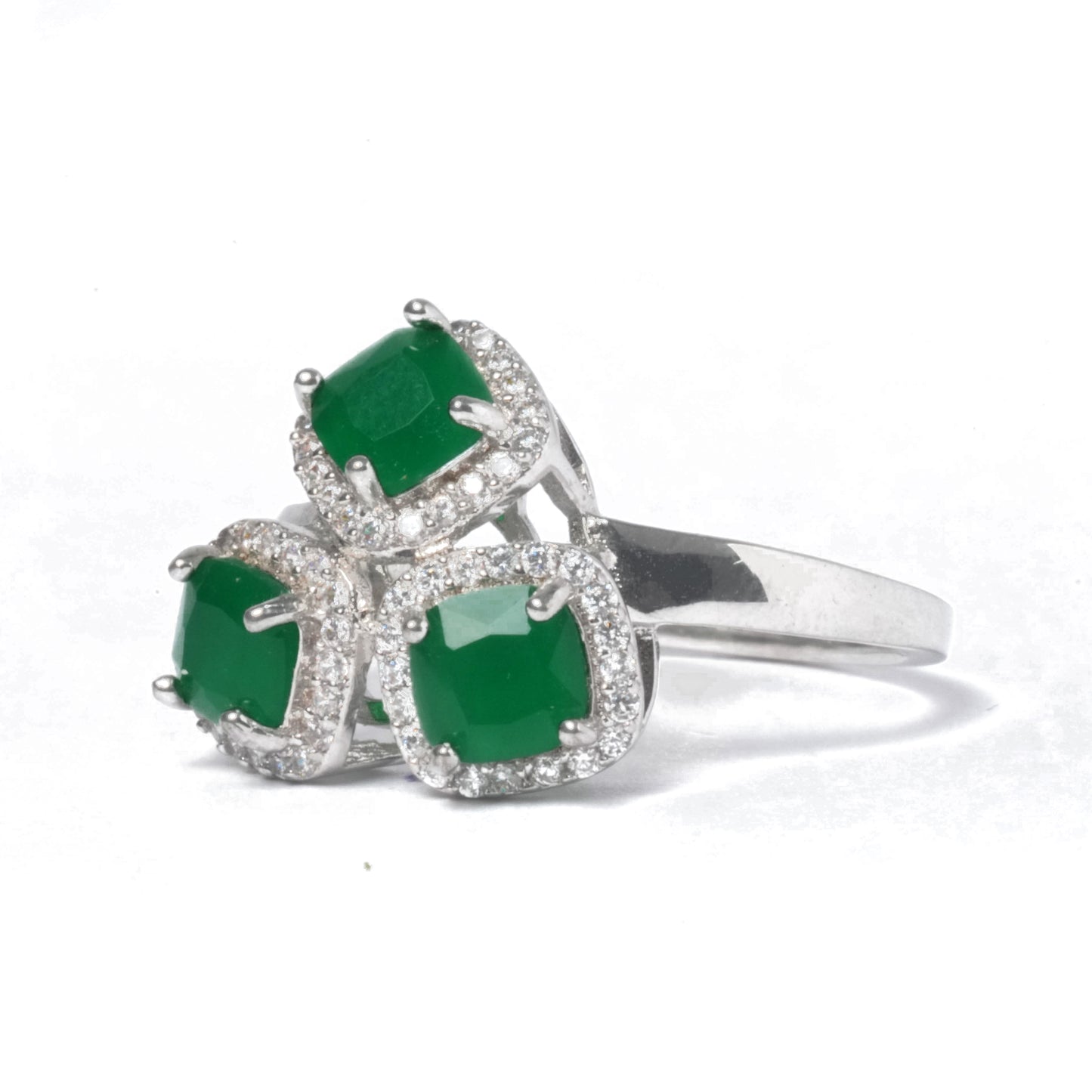 side view of green stone cluster ring for women 