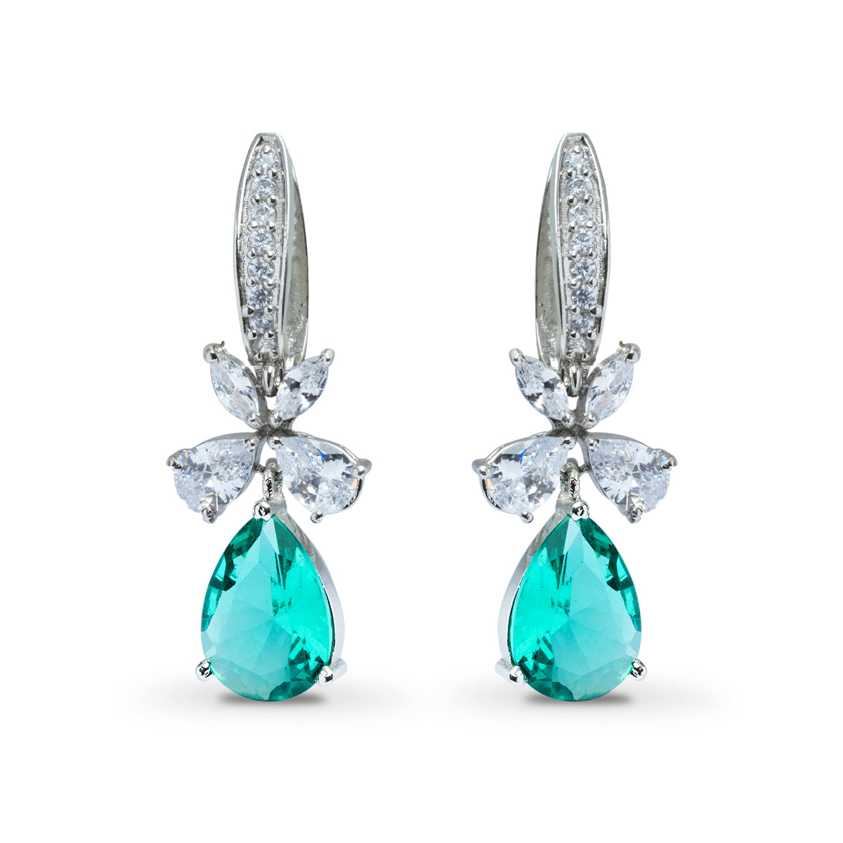 Teal green drop earrings with white CZ – front view