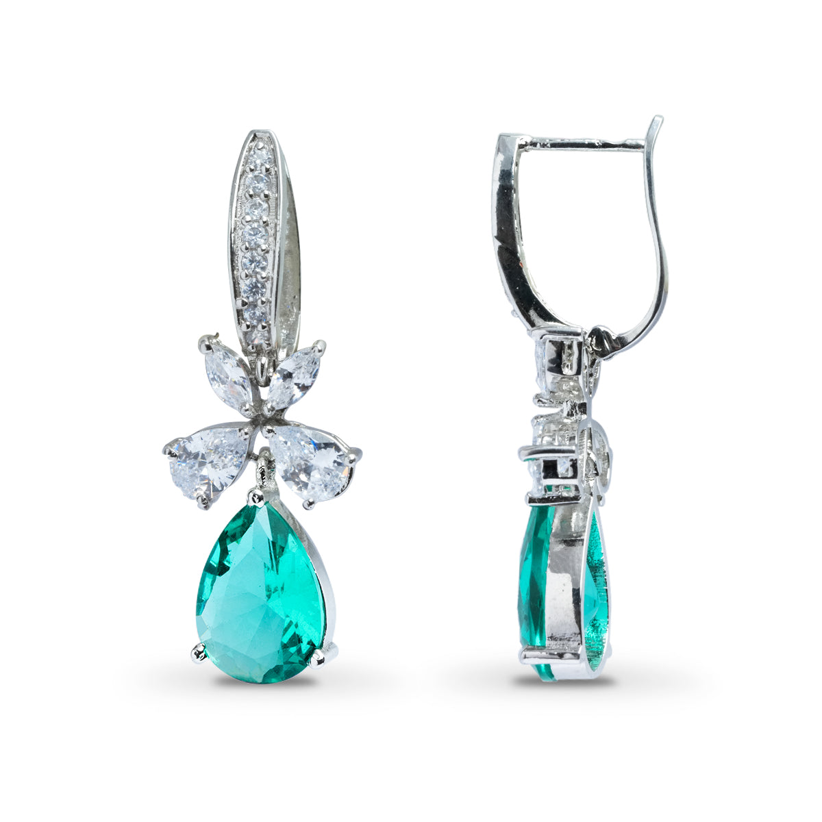 Side view showing hook clasp and teal drop design