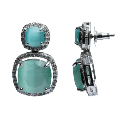 Side view of Teal Green Stone Drop Earrings for Women highlighting the detailed craftsmanship and elegant profile.