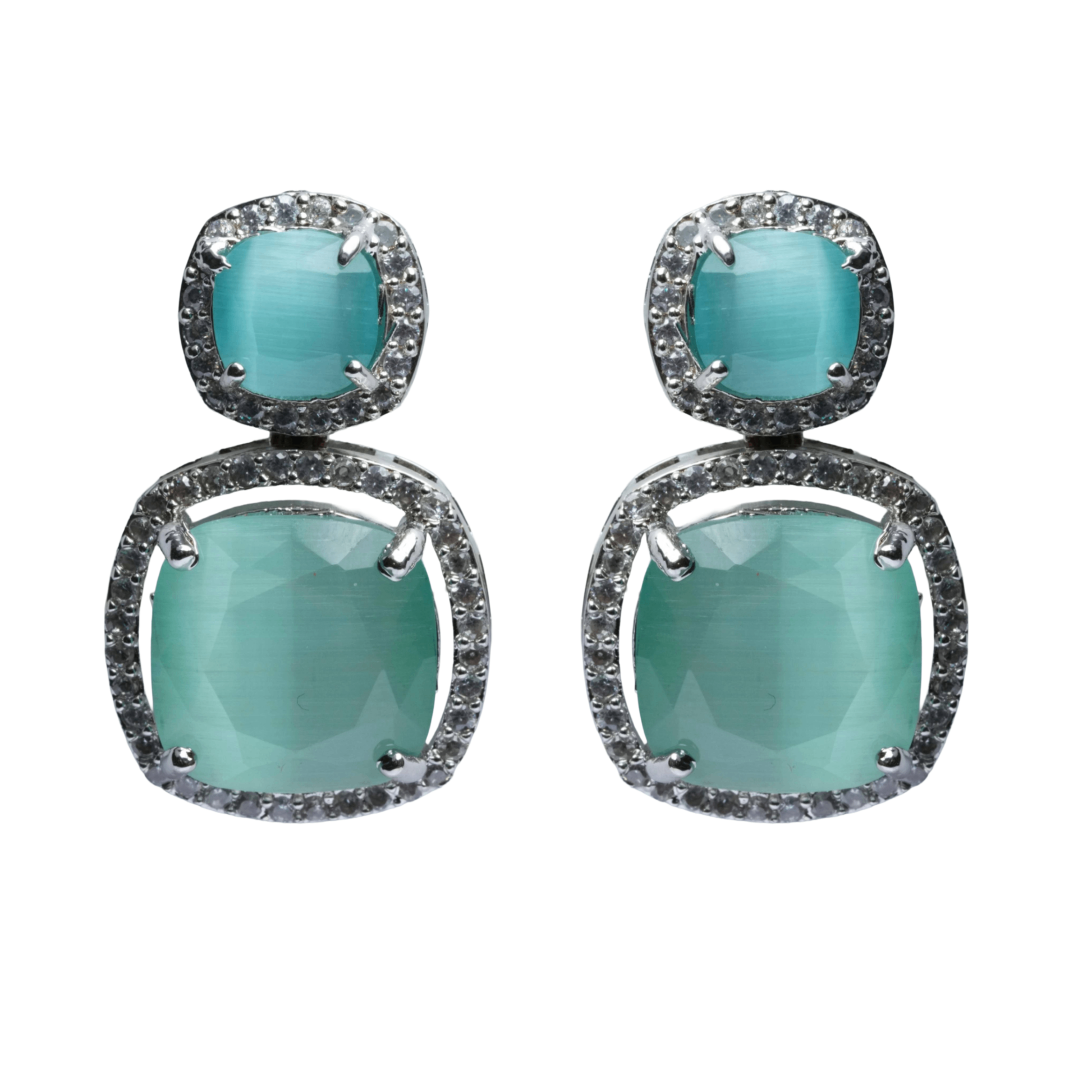 Teal Green Stone Drop Earrings for Women on a white background, featuring elegant teal green stones and a stylish drop design.