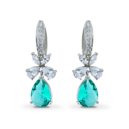 Front view of teal sapphire and CZ hoop earrings