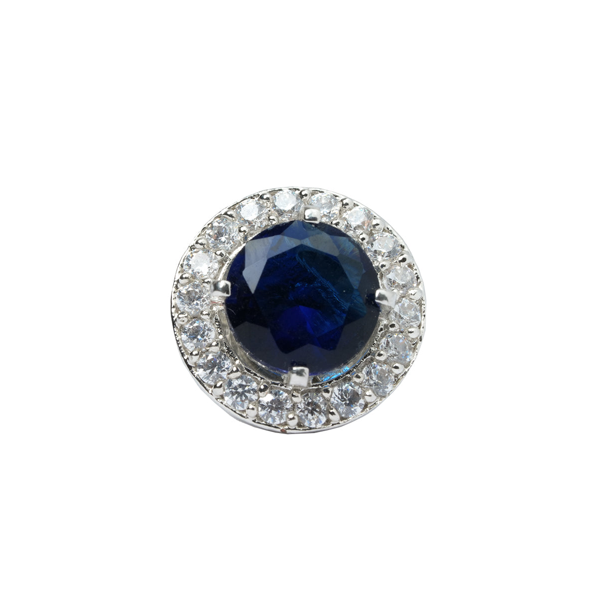 Top view of blue stone stud earring with round white CZ border