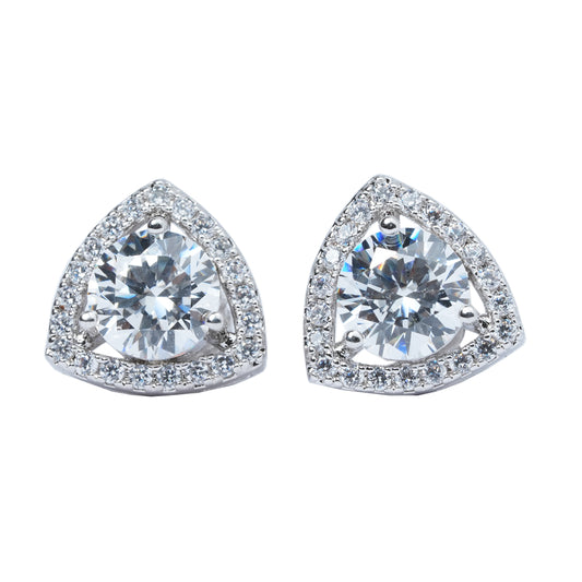 Front view of triangle CZ halo stud earrings with white sparkle border